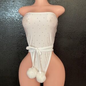 Strapless White Embellished Bandeau Bodysuit with Pom Tie